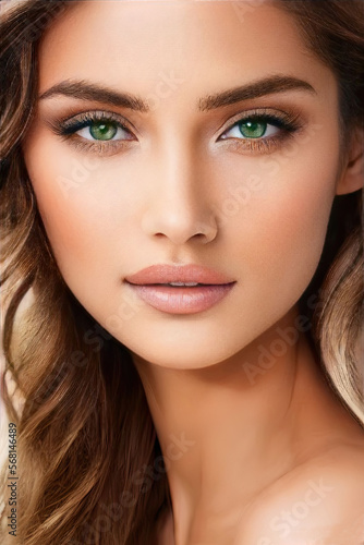 New Faces Beautiful Female Portrait Pictures Green Eyes Long Brown Hair, created with Generative AI technology