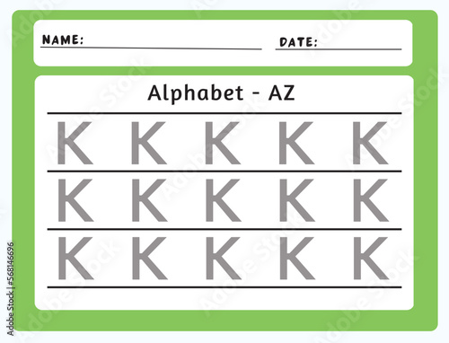 Alphabet tracing worksheet. A-Z writing pages. Letter K uppercase tracing. Handwriting exercise for kids. Printable worksheet.