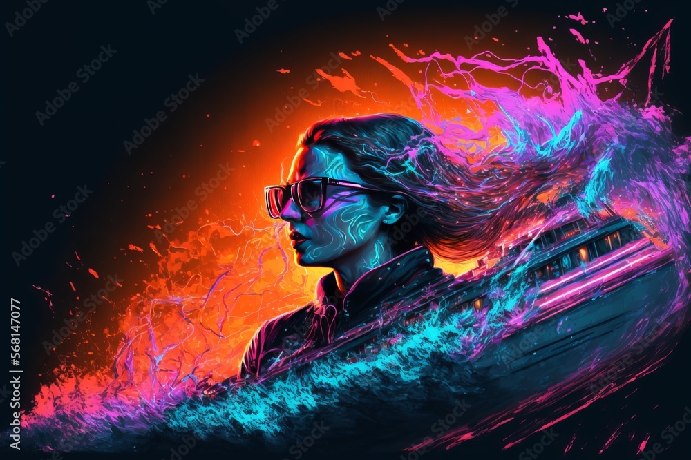 Abstract Portrait of Woman in the Center of the Storm - Colourful Waves of the Ocean in Paint Splashes with Ship integrated into Fantasy Magic Dream Graphic Design Concept - Ai generative Illustration