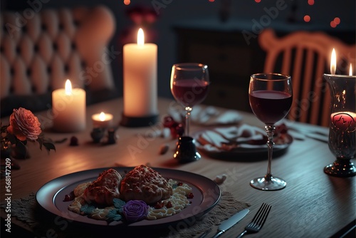 Valentine Dinner on Table in a Candle Genarative AI