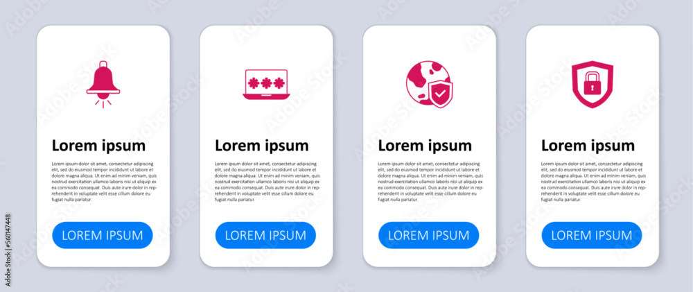 Set Shield security with lock, world globe, Laptop password and Ringing alarm bell. Business infographic template. Vector