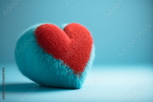 top view of beautiful knitted woolen red and blue heart isolated. Generative AI