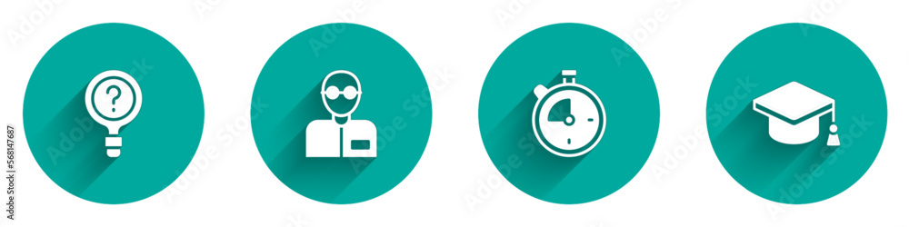 Set Unknown search, Teacher, Stopwatch and Graduation cap icon with long shadow. Vector Set Unknown search, Teacher, Stopwatch and Graduation cap icon with long shadow. Vector