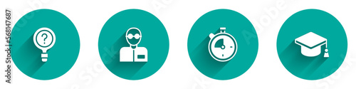 Set Unknown search, Teacher, Stopwatch and Graduation cap icon with long shadow. Vector