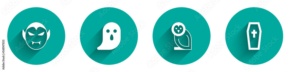 Set Vampire, Ghost, Owl bird and Coffin with christian cross icon with long shadow. Vector Set Vampire, Ghost, Owl bird and Coffin with christian cross icon with long shadow. Vector