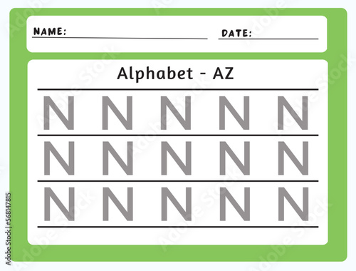 Alphabet tracing worksheet. A-Z writing pages. Letter N uppercase tracing. Handwriting exercise for kids. Printable worksheet.