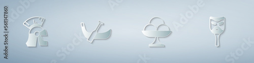 Set Roman army helmet, Gondola boat, Ice cream in the bowl and Carnival mask. Paper art style. Vector