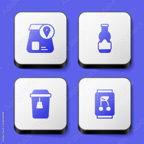 Set Online ordering food, Sauce bottle, Cup of tea and Soda can icon. White square button. Vector