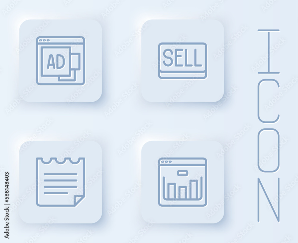 Set line Advertising, Sell button, Notebook and Browser with stocks market. White square button. Vector Set line Advertising, Sell button, Notebook and Browser with stocks market. White square button. Vector