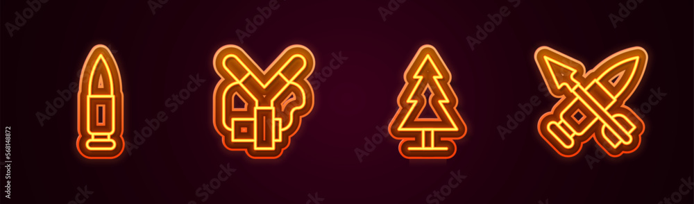 Set line Bullet, Slingshot, Tree and Crossed bullet with arrow. Glowing neon icon. Vector Set line Bullet, Slingshot, Tree and Crossed bullet with arrow. Glowing neon icon. Vector