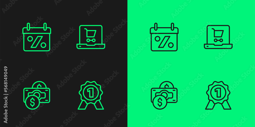 Set line Medal, Stacks paper money cash, Discount percent tag and Shopping cart screen laptop icon. Vector Set line Medal, Stacks paper money cash, Discount percent tag and Shopping cart screen laptop icon. Vector