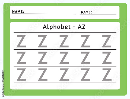 Alphabet tracing worksheet. A-Z writing pages. Letter Z uppercase tracing. Handwriting exercise for kids. Printable worksheet.