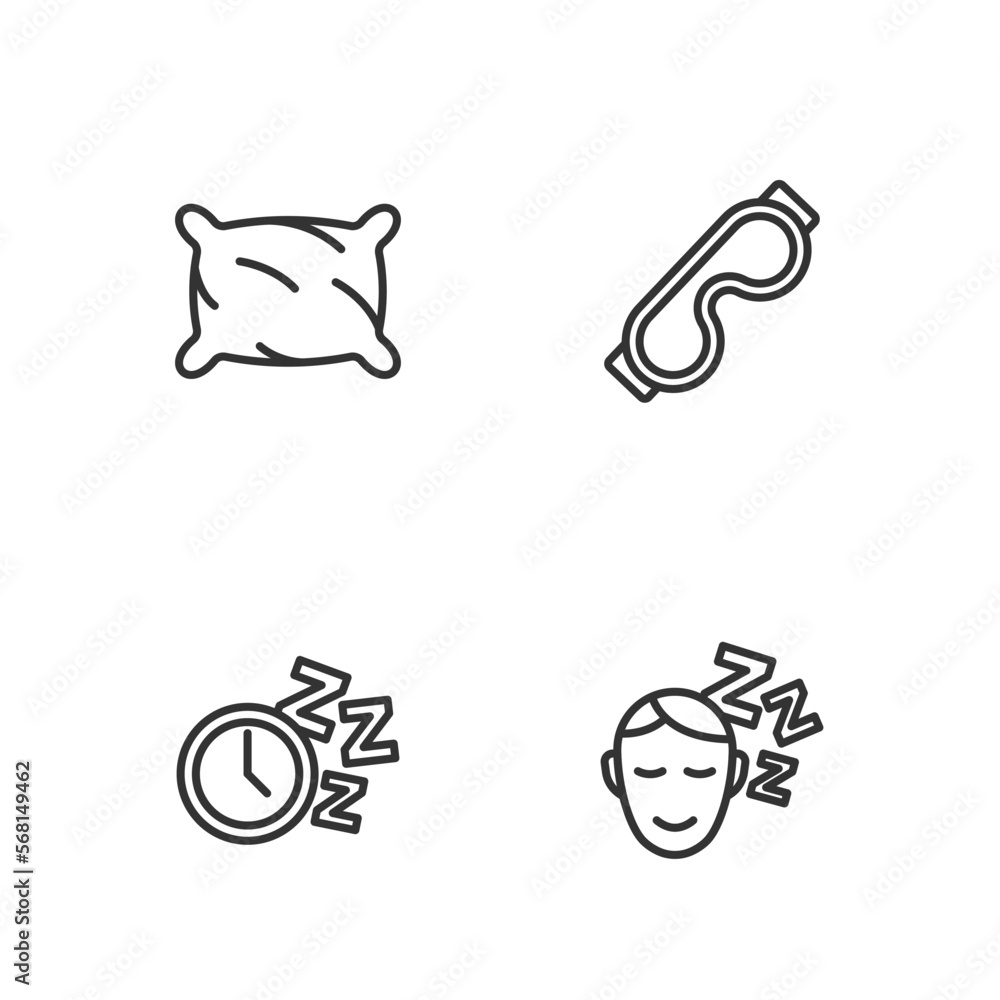 Set line Dreams, Alarm clock, Pillow and Eye sleep mask icon. Vector Set line Dreams, Alarm clock, Pillow and Eye sleep mask icon. Vector