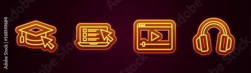 Set line Graduation cap with cursor, Online quiz, test, survey, play video and Headphones. Glowing neon icon. Vector