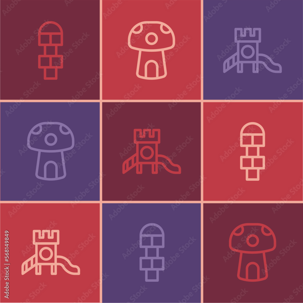 Set line Hopscotch, Slide playground and Mushroom house icon. Vector Set line Hopscotch, Slide playground and Mushroom house icon. Vector