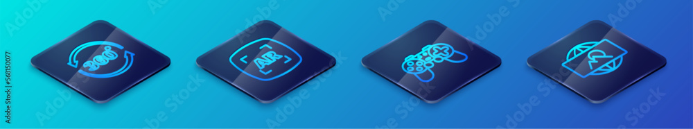 Set Isometric line Gamepad, 360 degree view, Wide angle picture and Augmented reality AR icon. Vector Set Isometric line Gamepad, 360 degree view, Wide angle picture and Augmented reality AR icon. Vector
