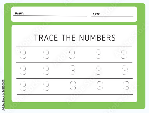 Writing practice number three printable worksheet for kids to improve basic writing skills. Trace line numbers for kindergarten and preschool kids