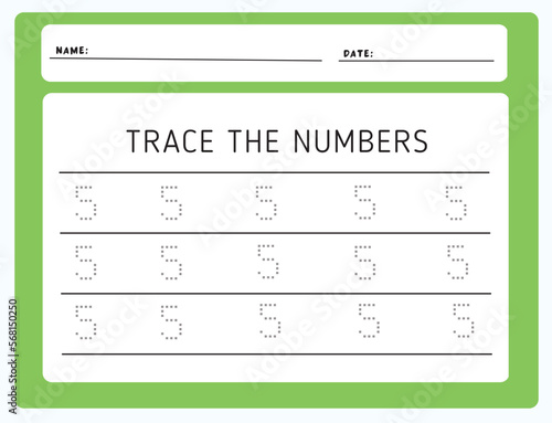 Writing practice number five printable worksheet for kids to improve basic writing skills. Trace line numbers for kindergarten and preschool kids