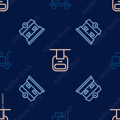 Set line Trolley suitcase, Railway station and Cable car on seamless pattern. Vector