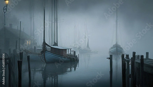  a foggy harbor with a row of boats in the water and a street light in the distance with a fog covering the water and a row of boats in the foreground. generative ai