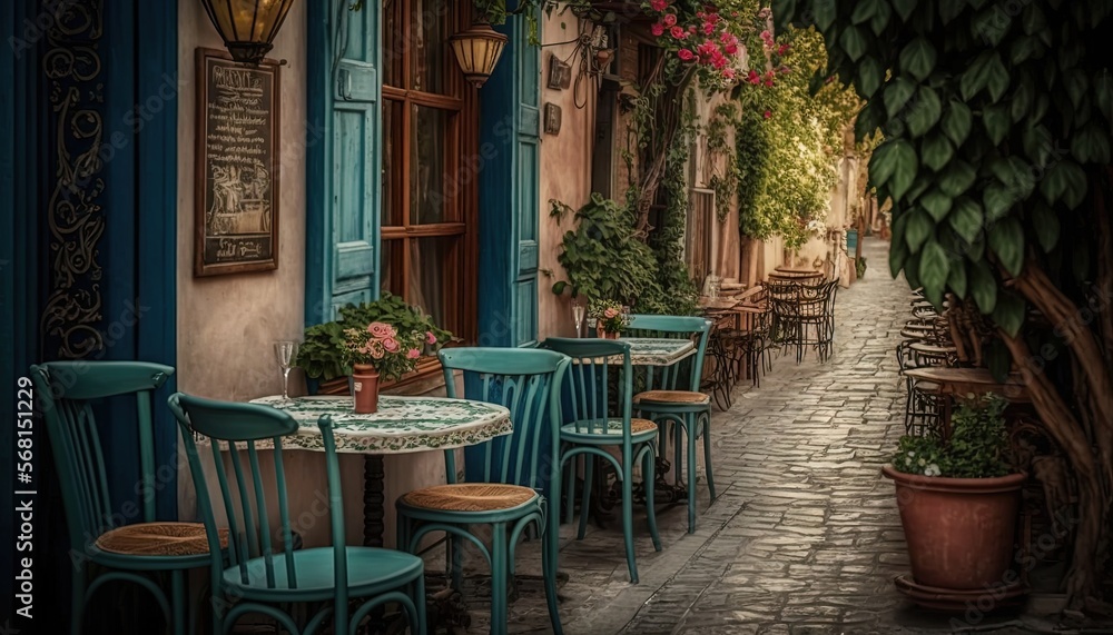  a street with tables and chairs and a potted plant on the side of the street with flowers on the windows and a potted plant on the side of the street.  generative ai