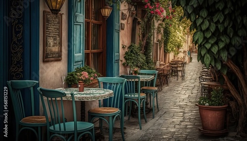  a street with tables and chairs and a potted plant on the side of the street with flowers on the windows and a potted plant on the side of the street.  generative ai © Anna
