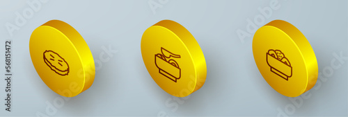 Set Isometric line Homemade pie, Ramen soup bowl and Chow mein on plate icon. Vector