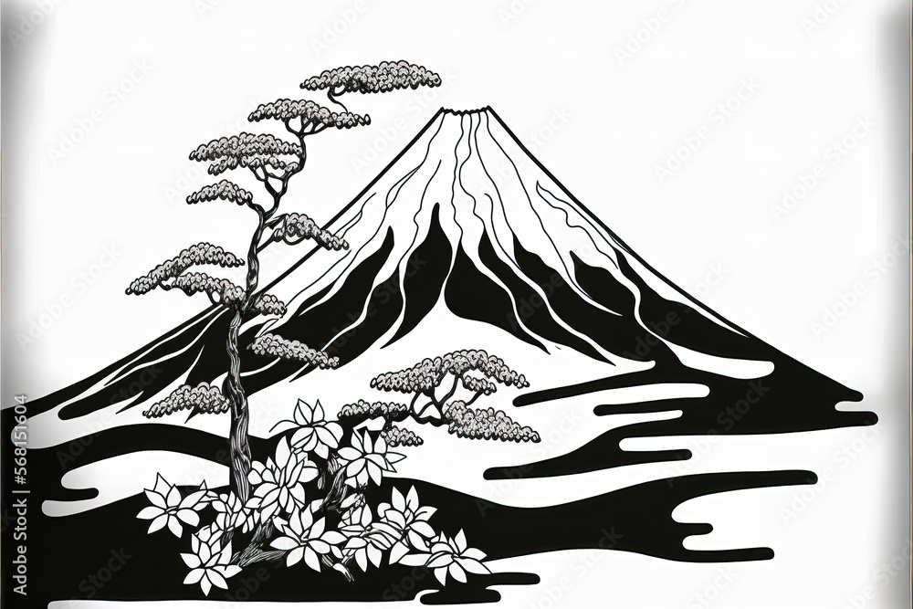 Fototapeta premium a classic modern fujiyama illustration in black and white, generative ai technology