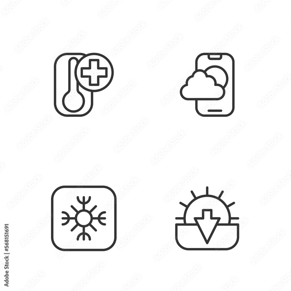 Set line Sunset, Snowflake, Thermometer and Weather forecast app icon. Vector Set line Sunset, Snowflake, Thermometer and Weather forecast app icon. Vector