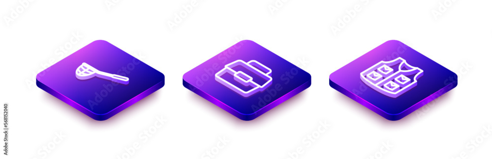 Set Isometric line Fishing net, Case or box for fishing and jacket icon. Vector Set Isometric line Fishing net, Case or box for fishing and jacket icon. Vector