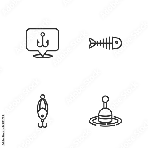 Set line Fishing float in water, lure, hook and skeleton icon. Vector