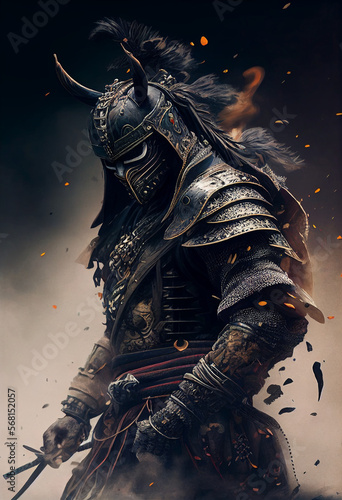 AI Ancient Samurai ready for battle to kill Japanese demons. It is beautifully made with a multitude of details. His armor is solid, his katana is ready to cut.