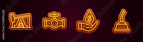 Set line Oil pump or pump jack, pipe with valve, drop dollar symbol and Canister for motor machine oil. Glowing neon icon. Vector