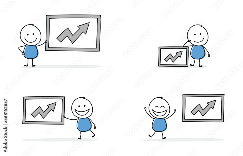 Collection of a funny stickman holding graph icon. Hand drawn design for a business presentation. Vector illustration