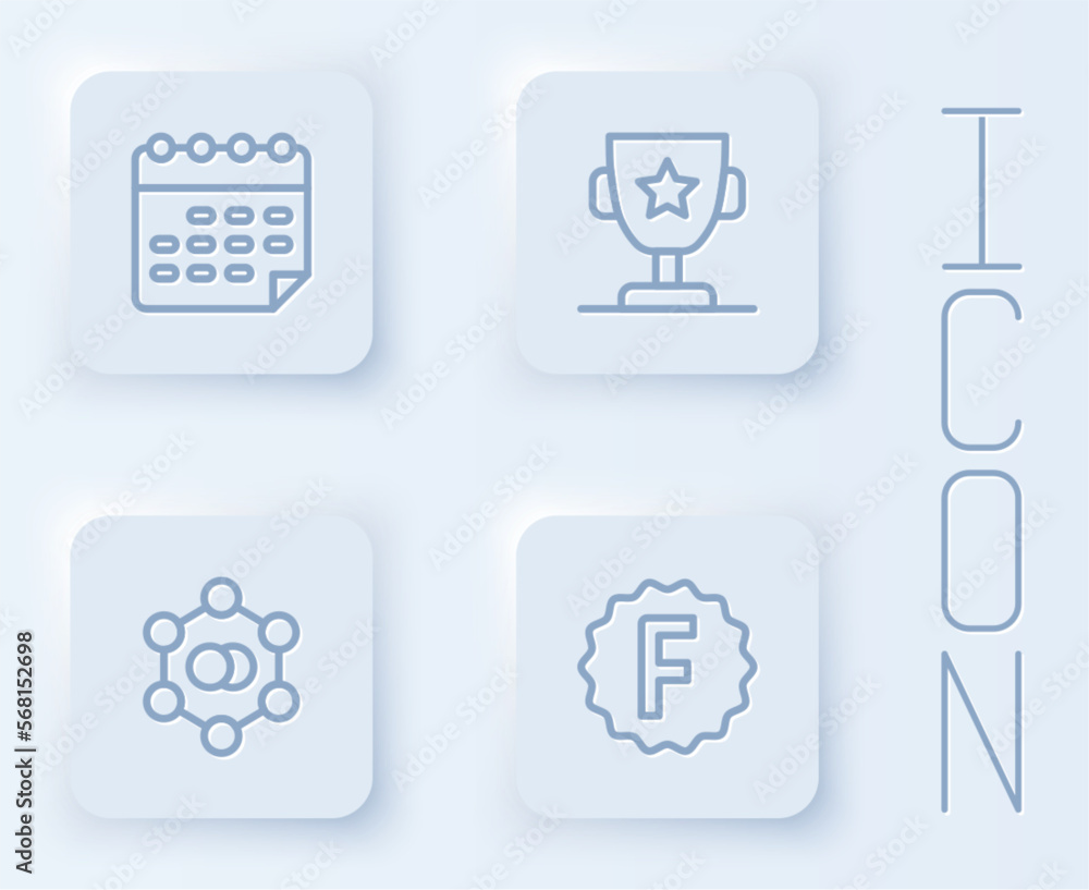 Set line School timetable, Award cup, Molecule and Exam paper with incorrect answers. White square button. Vector Set line School timetable, Award cup, Molecule and Exam paper with incorrect answers. White square button. Vector