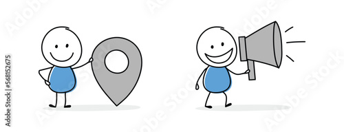 Hand drawn stickman holding map pin and loudspeaker symbol. Cartoon style icon set. Vector illustration