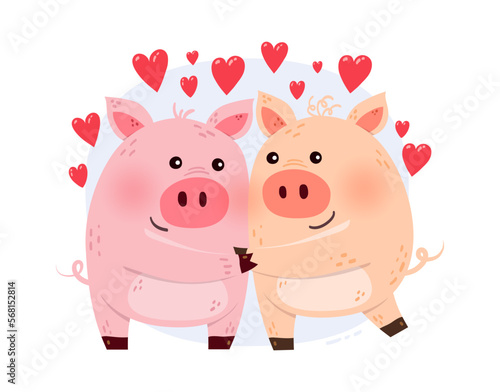 Cute and funny pigs in love. Animal characters with hearts. Design for for invitation, cards, poster. Vector illustration