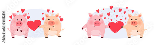 Collection of cute pig couple in love. Design of animal characters with hearts for Valentine’s Day. Vector illustration