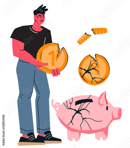 Bankruptcy and money loss concept, vector illustration isolated on white. Man with a broken piggy bank. Financial crisis, budget exhaustion and depreciation of savings due to inflation.