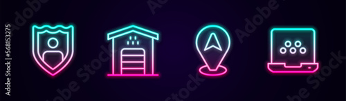 Set line Life insurance with shield, Garage for taxi car, Location and Taxi mobile app. Glowing neon icon. Vector © Iryna
