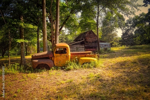 Old discarded yellow ford pickup truck and a barn