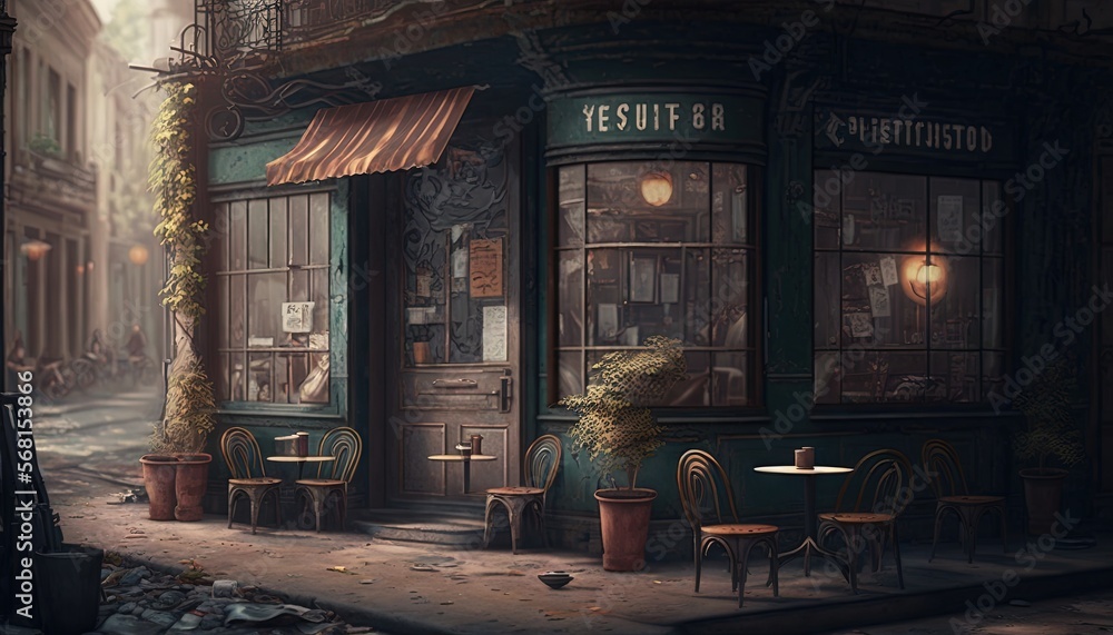  a painting of a restaurant with tables and chairs on a city street at night with lights on the windows and a street lamp on the sidewalk.  generative ai