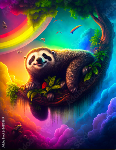 Cute Sloth Hanging from a Tree Branch in Abstract Rainbow Coloured Jungle with Colorful Red and Blue Sky - Post produced Ai generative illustration