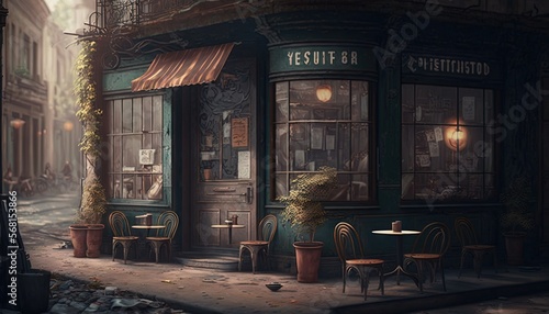  a painting of a restaurant with tables and chairs on a city street at night with lights on the windows and a street lamp on the sidewalk. generative ai