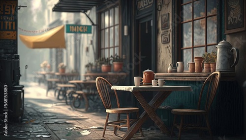  a painting of a cafe with tables and chairs and a yellow awning over the tables and a yellow awning over the tables and a yellow awning over the tables.  generative ai