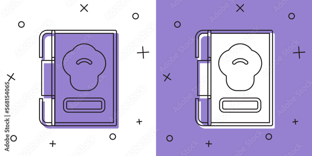Set Cookbook icon isolated on white and purple background. Cooking book icon. Recipe book. Fork and knife icons. Cutlery symbol. Vector Set Cookbook icon isolated on white and purple background. Cooking book icon. Recipe book. Fork and knife icons. Cutlery symbol. Vector