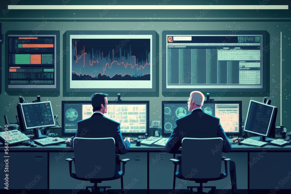 In a contemporary monitoring office, two digital computer screens
