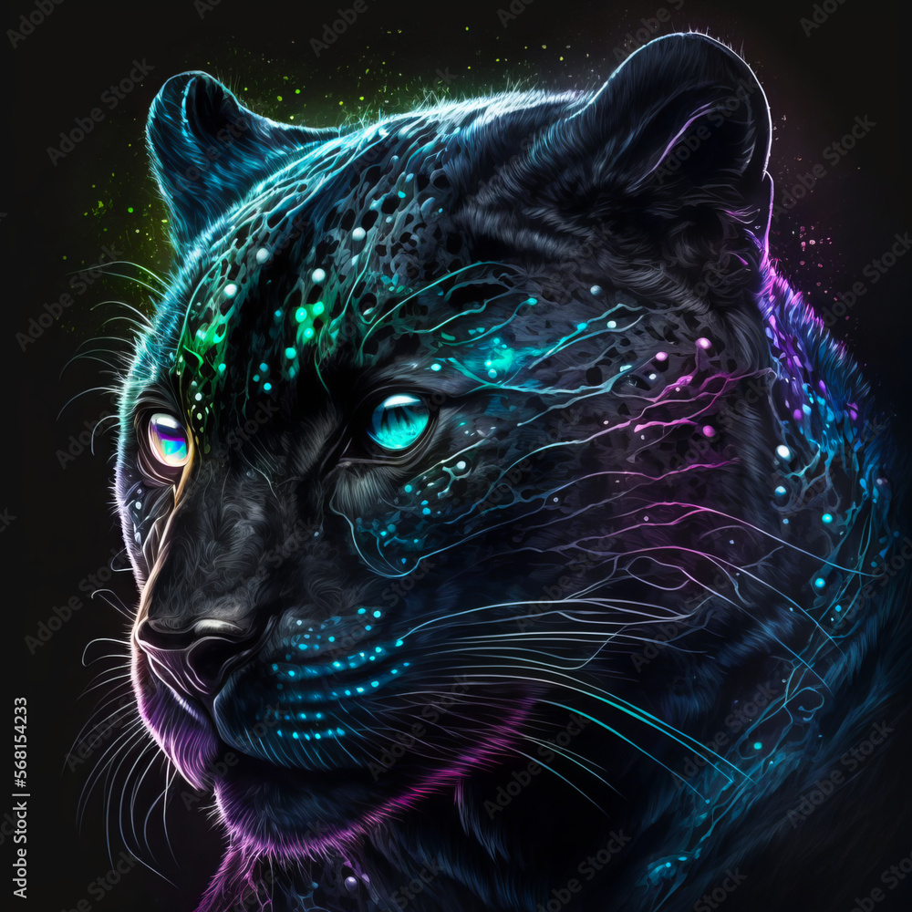 Abstract Black Panther Illustration with two different coloured eyes - Heterochromatic Big Cat Jaguar - Created with Midjourney AI and Photoshop