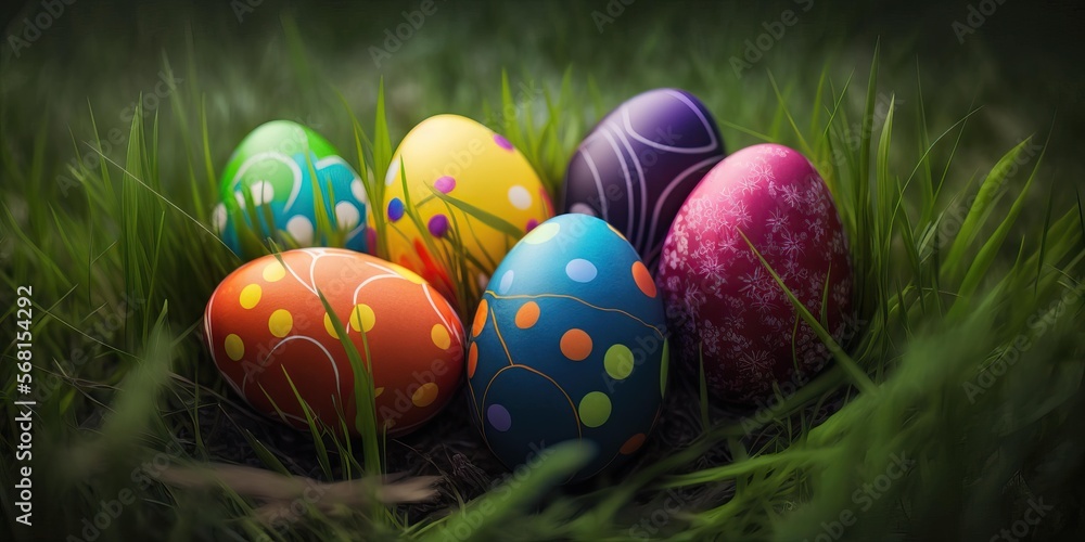 Colourful Easter Eggs in the Grass, Generative AI Colourful Easter Eggs in the Grass, Generative AI