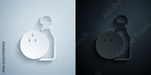 Paper cut Bowling pin and ball icon isolated on grey and black background. Sport equipment. Paper art style. Vector